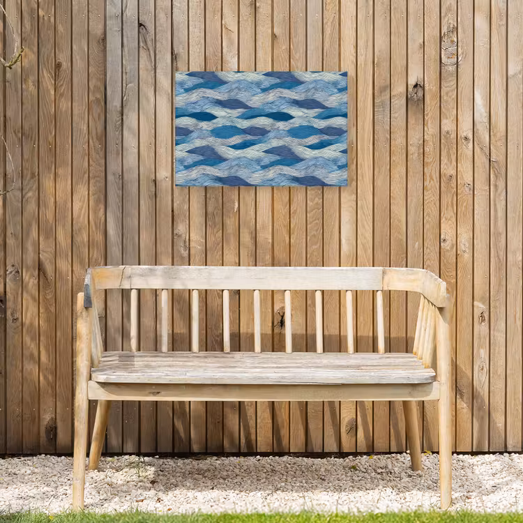 Getekend - Blauw - Wit - Golvend - Streepjes Tuinposter op houten frame 2 cm dik klein 845 -sfeer4