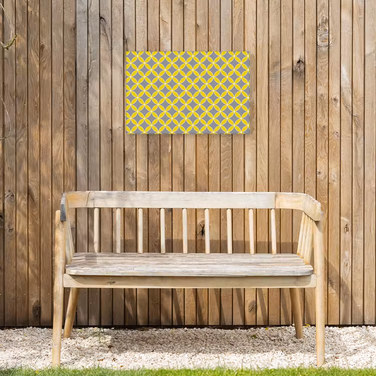 Geometrisch - Cirkels - Modern - Grijs - Geel Tuinposter op houten frame 2 cm dik klein 845 -sfeer4