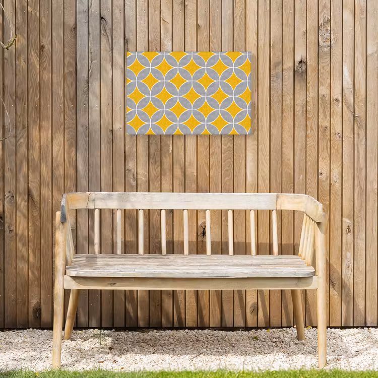Geometrisch - Cirkels - Textuur - Grijs - Geel Tuinposter op houten frame 2 cm dik klein 845 -sfeer4