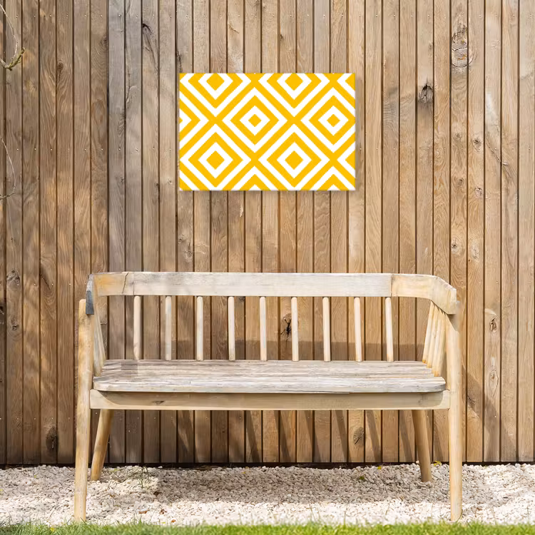 Geometrisch - Lijnen - Modern - Geel - Wit Tuinposter op houten frame 2 cm dik klein 845 -sfeer4