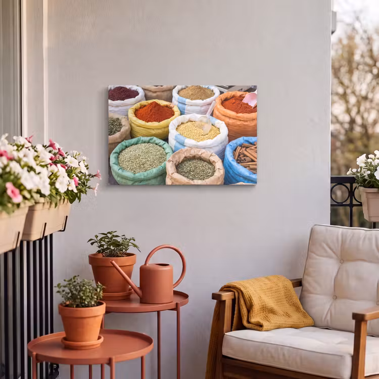 Outdoor Leinwand - Gewürze – Beutel – Markt - Kruiden - Zakken - Markt Tuinposter op houten frame 2 cm dik klein