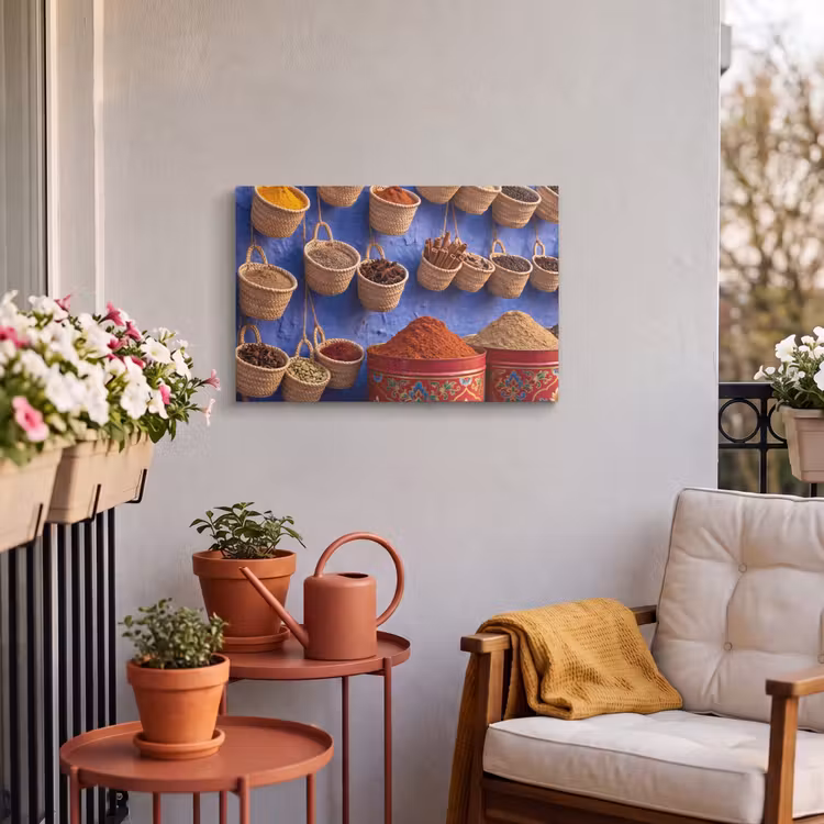 Outdoor Leinwand - Gewürze – Körbe – Markt - Kruiden - Manden - Markt Tuinposter op houten frame 2 cm dik klein