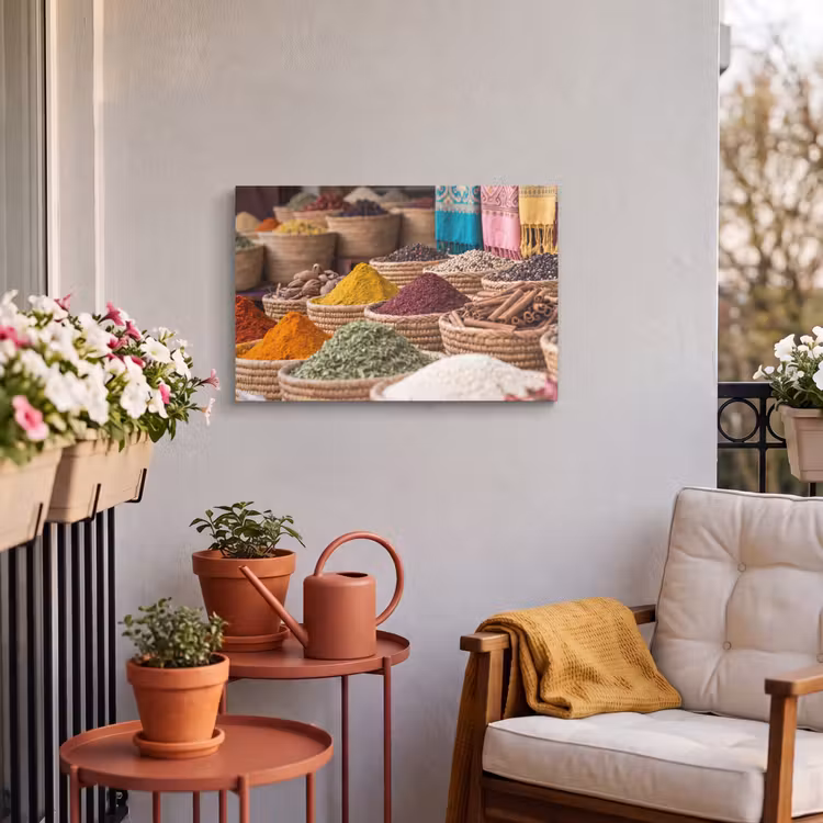 Outdoor Leinwand - Gewürze – Körbe – Orientalisch - Kruiden - Manden - Oosters Tuinposter op houten frame 2 cm dik klein