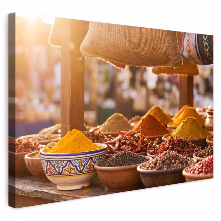 Outdoor Leinwand - Gewürze – Markt – Bunt - Specerijen - Markt - Kleurrijk Tuinposter op houten frame 2 cm dik klein