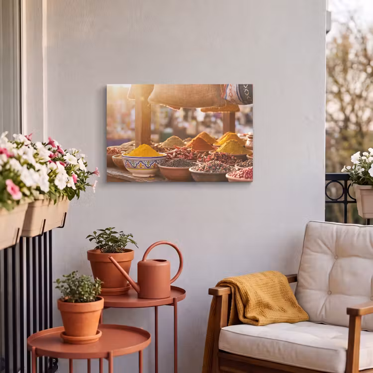 Outdoor Leinwand - Gewürze – Markt – Bunt - Specerijen - Markt - Kleurrijk Tuinposter op houten frame 2 cm dik klein