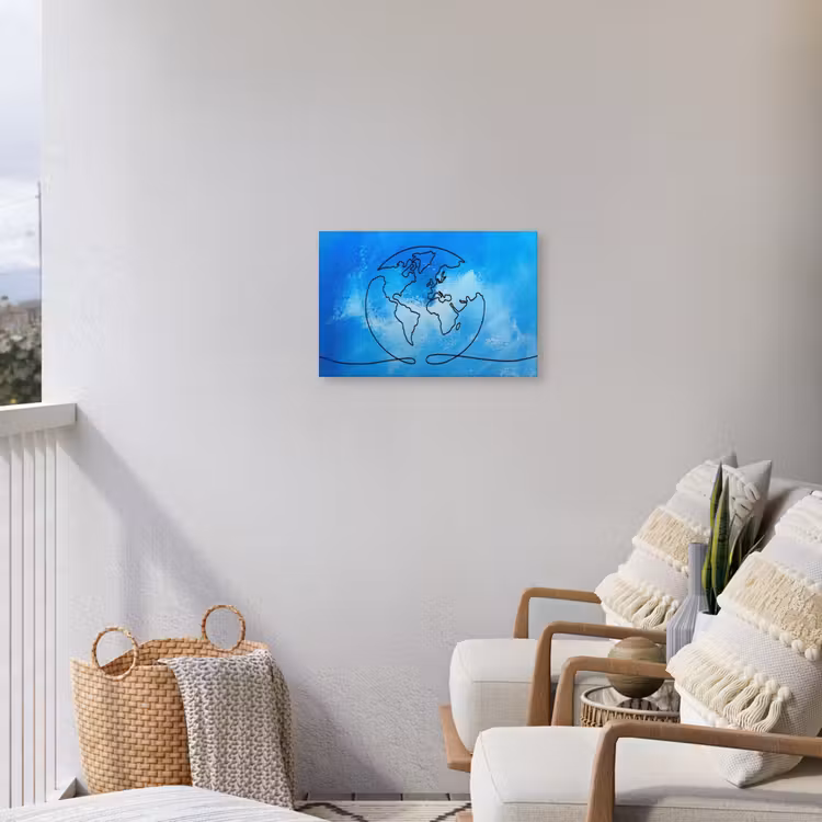 Wereldbol - Blauw - Lijn - Wereldkaart Tuinposter op houten frame 2 cm dik klein -sfeer1