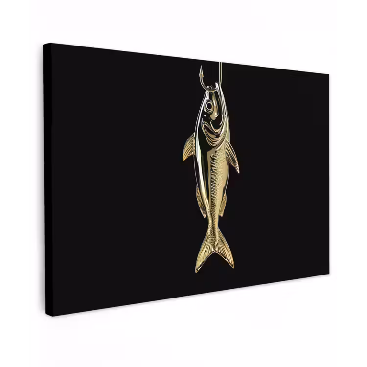 Goud - Vis - Haak - Zwart Tuinposter op houten frame 2 cm dik klein -3d