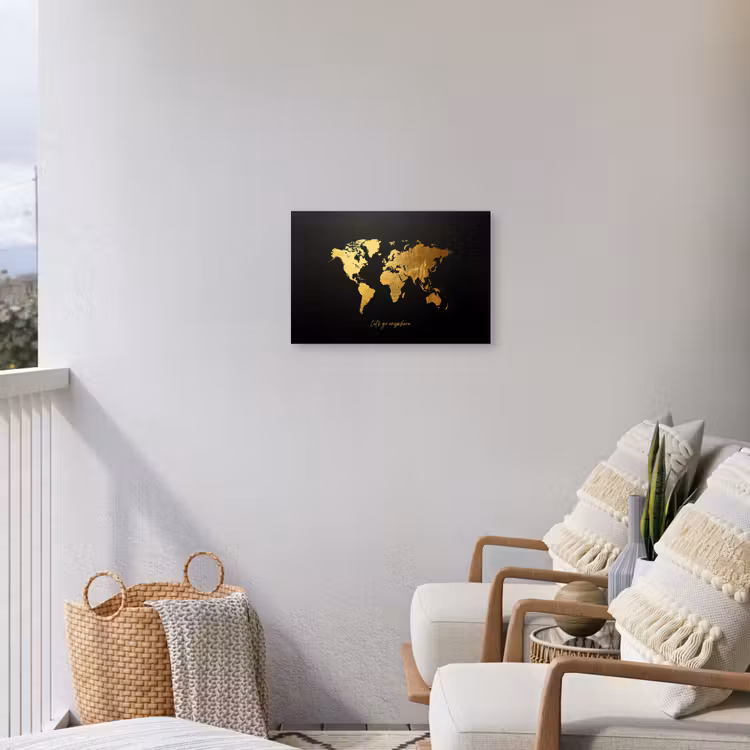 Goud - Glanzend - Wereldkaart - Luxe Tuinposter op houten frame 2 cm dik klein -sfeer1