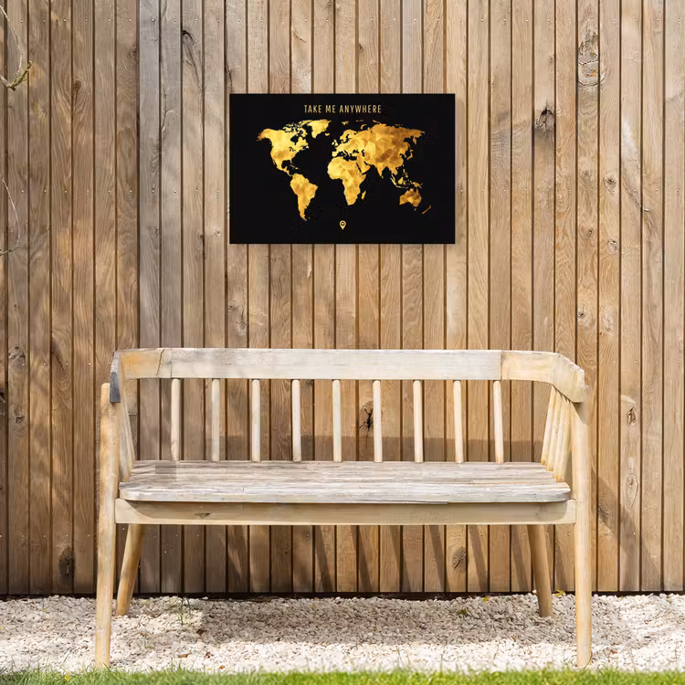 Goud - Wereldkaart - Quote Tuinposter op houten frame 2 cm dik klein -sfeer4