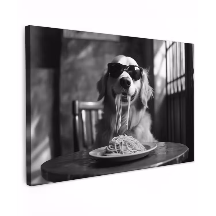 Golden Retriever - Hond - Vrolijk - Bord spaghetti - Zwart - wit Tuinposter op houten frame 2 cm dik klein -3d