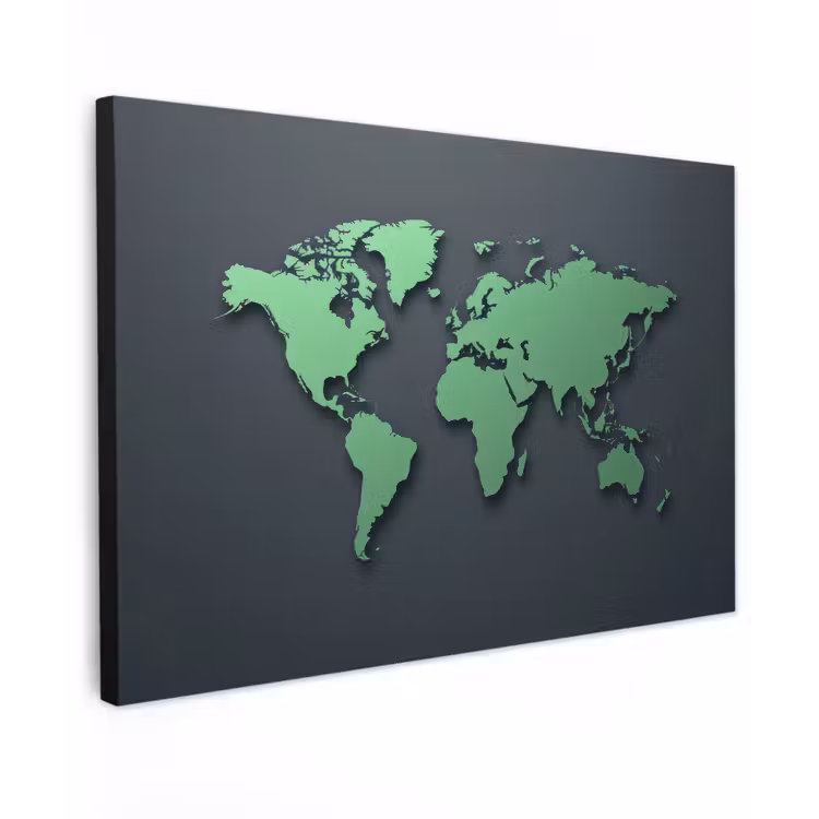 Grijs - Wereldkaart - Groen Tuinposter op houten frame 2 cm dik klein -3d