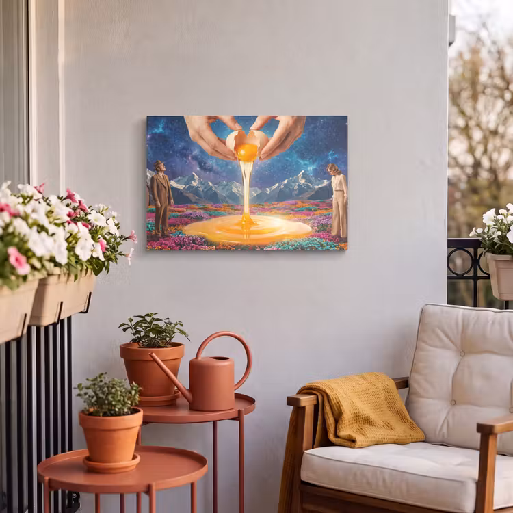 Outdoor Leinwand - Hände – Ei – Surrealismus - Handen - Ei - Surrealisme Tuinposter op houten frame 2 cm dik klein