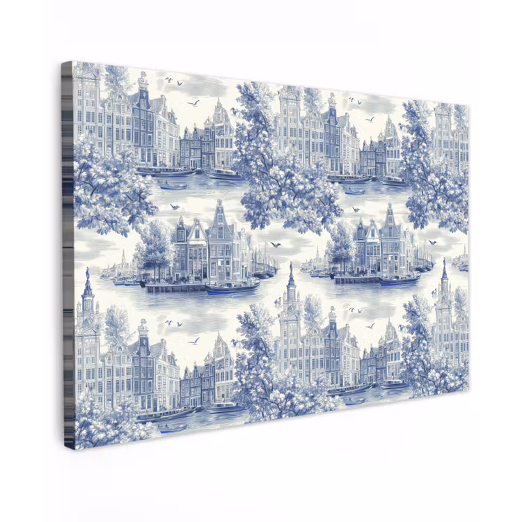 Huizen - Bomen - Water - Vogels - Blauw Tuinposter op houten frame 2 cm dik klein 845 -3d