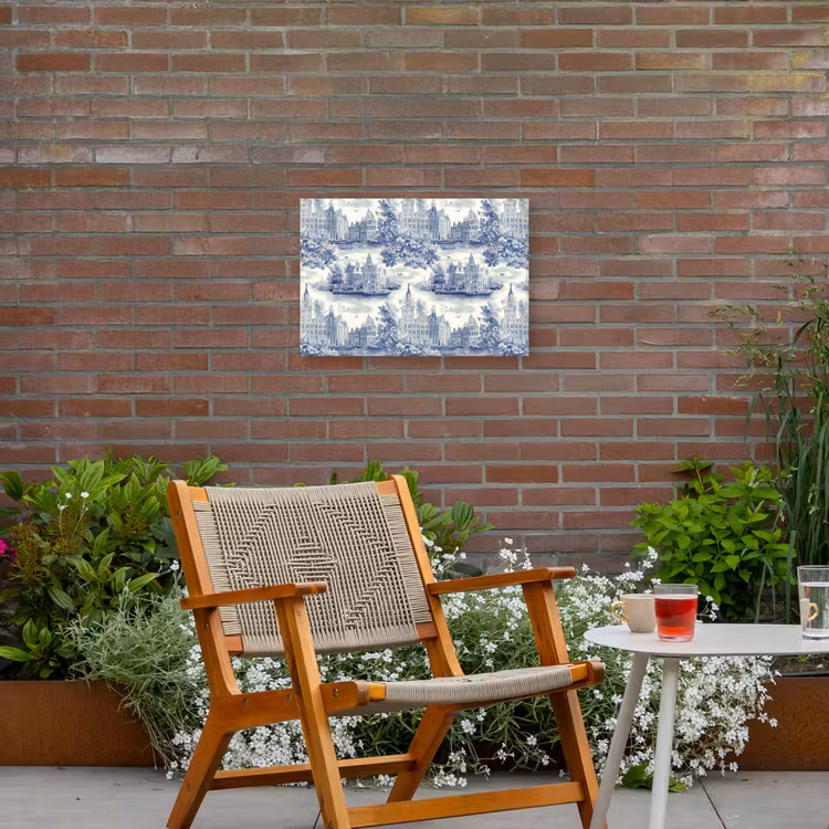 Huizen - Bomen - Water - Vogels - Blauw Tuinposter op houten frame 2 cm dik klein 845 -sfeer3
