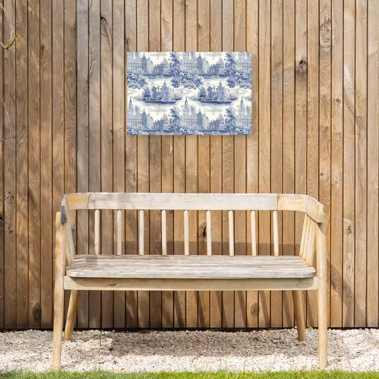 Huizen - Bomen - Water - Vogels - Blauw Tuinposter op houten frame 2 cm dik klein 845 -sfeer4