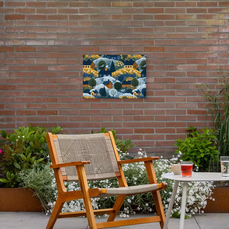 Huisjes - Bloemen - Patroon - Geel - Blauw Tuinposter op houten frame 2 cm dik klein 845 -sfeer3
