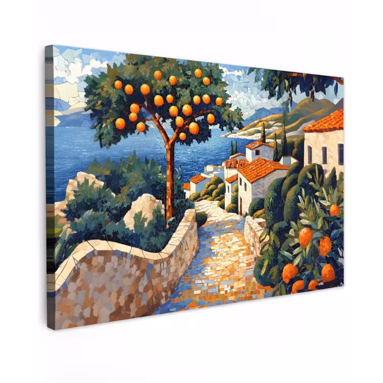 Huizen - Mozaïek - Sinaasappelbomen - Zee Tuinposter op houten frame 2 cm dik klein -3d