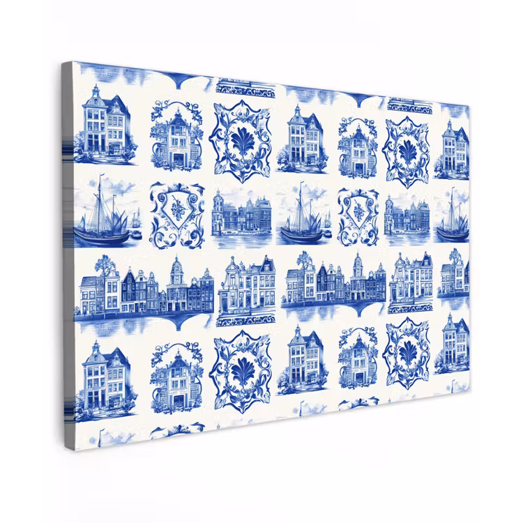 Huizen - Schepen - Blauw Tuinposter op houten frame 2 cm dik klein 845 -3d