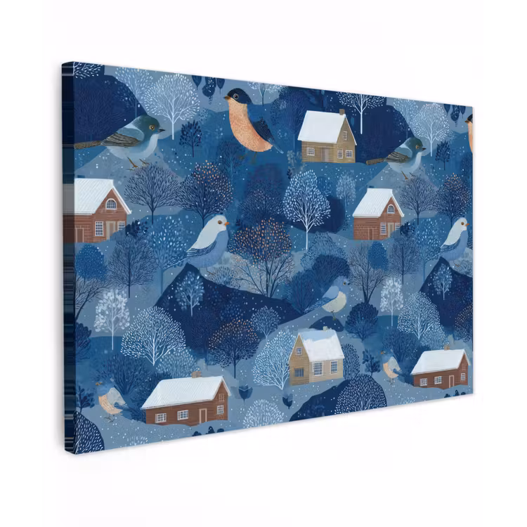 Huisjes - Vogels - Sneeuw - Winter - Blauw Tuinposter op houten frame 2 cm dik klein 845 -3d