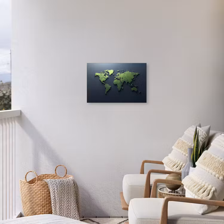 Lichtgroen - Blauw - Wereldkaart - 3D Tuinposter op houten frame 2 cm dik klein -sfeer1