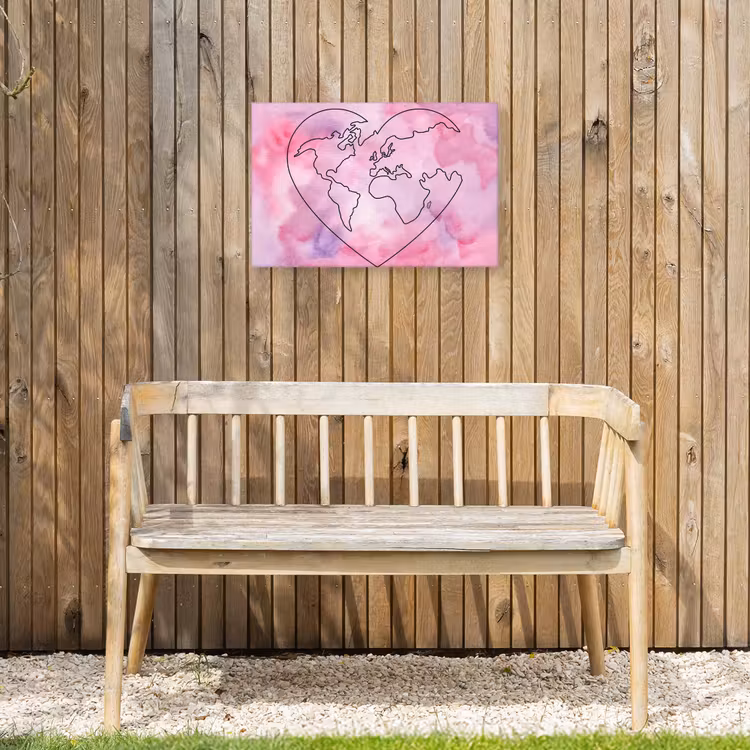 Hart - Roze - Wereldkaart Tuinposter op houten frame 2 cm dik klein -sfeer4