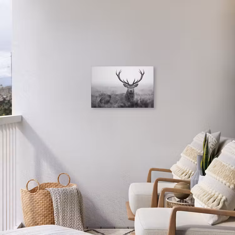 Hert - Mistig - Zwart - Wit Tuinposter op houten frame 2 cm dik klein -sfeer1