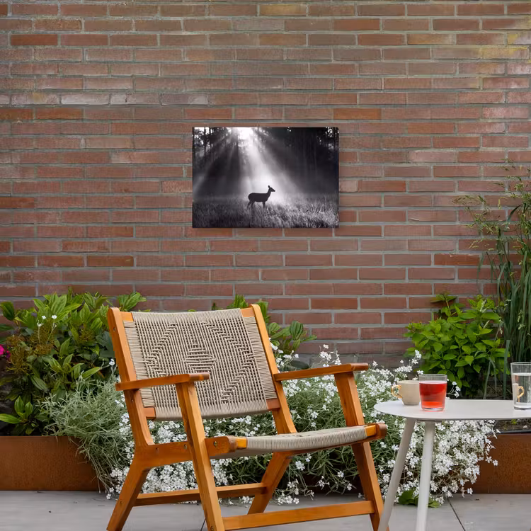Hert - Bos - Zonnestralen - Zwart-wit - Natuur Tuinposter op houten frame 2 cm dik klein -sfeer3