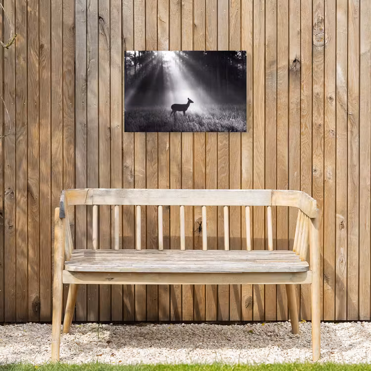 Hert - Bos - Zonnestralen - Zwart-wit - Natuur Tuinposter op houten frame 2 cm dik klein -sfeer4