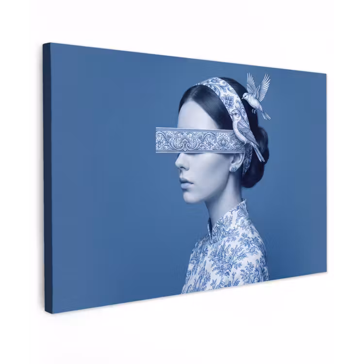Portret - Klassiek - Wit - Blauw Tuinposter op houten frame 2 cm dik klein -3d