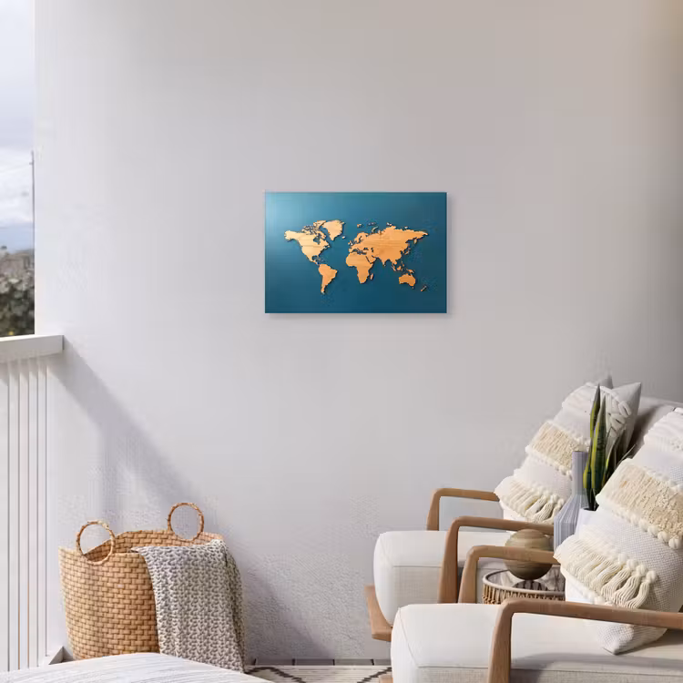 Hout - Blauw - Wereldkaart Tuinposter op houten frame 2 cm dik klein -sfeer1