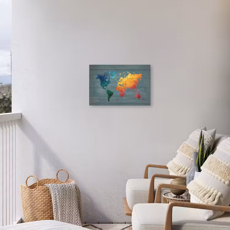 Hout - Planken - Regenboog - Wereldkaart Tuinposter op houten frame 2 cm dik klein -sfeer1