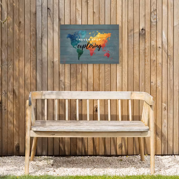 Hout - Wereldkaart - Regenboog - Exploring Tuinposter op houten frame 2 cm dik klein -sfeer4