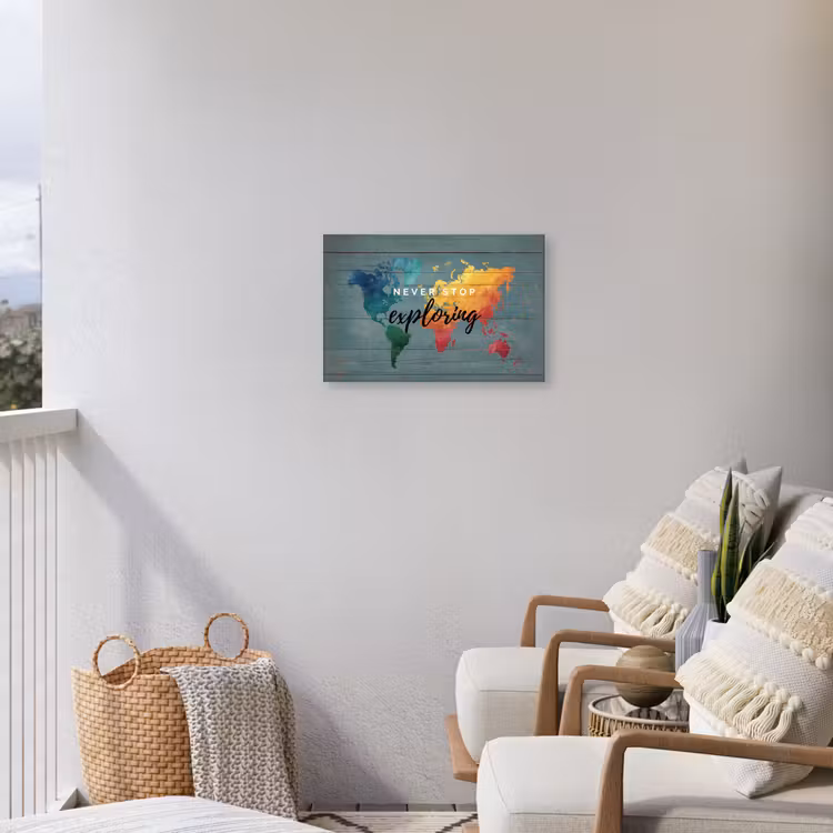 Hout - Wereldkaart - Regenboog - Exploring Tuinposter op houten frame 2 cm dik klein -sfeer1