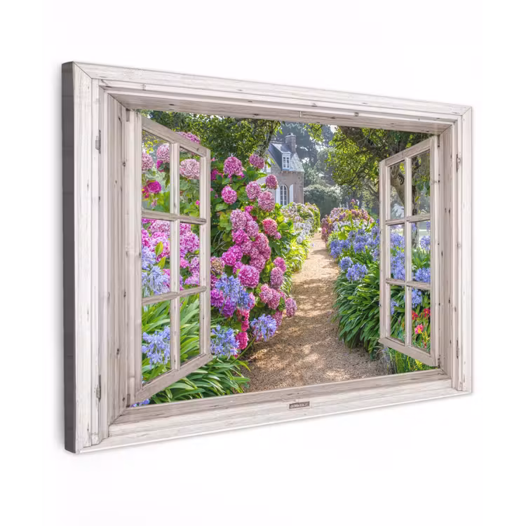 Hortensia - Doorkijk - Bloemen - Zomer - Paars - Pad Tuinposter op houten frame 2 cm dik klein -3d