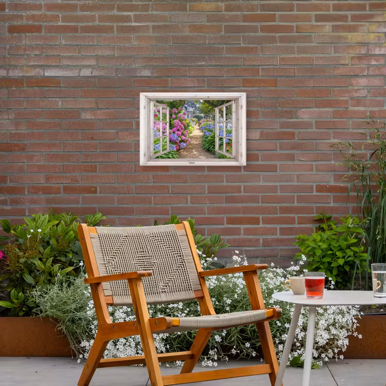 Hortensia - Doorkijk - Bloemen - Zomer - Paars - Pad Tuinposter op houten frame 2 cm dik klein -sfeer3