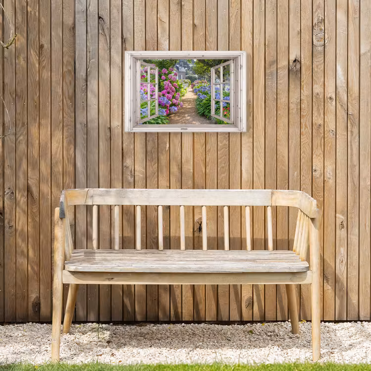 Hortensia - Doorkijk - Bloemen - Zomer - Paars - Pad Tuinposter op houten frame 2 cm dik klein -sfeer4