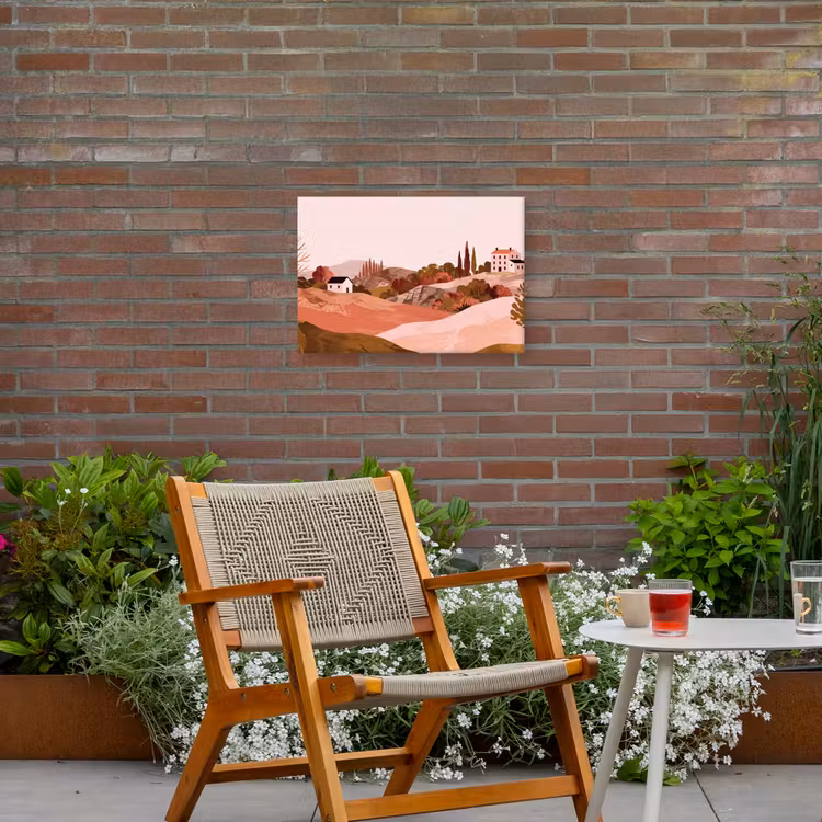 Heuvellandschap - Grafisch - Terracotta Tuinposter op houten frame 2 cm dik klein -sfeer3