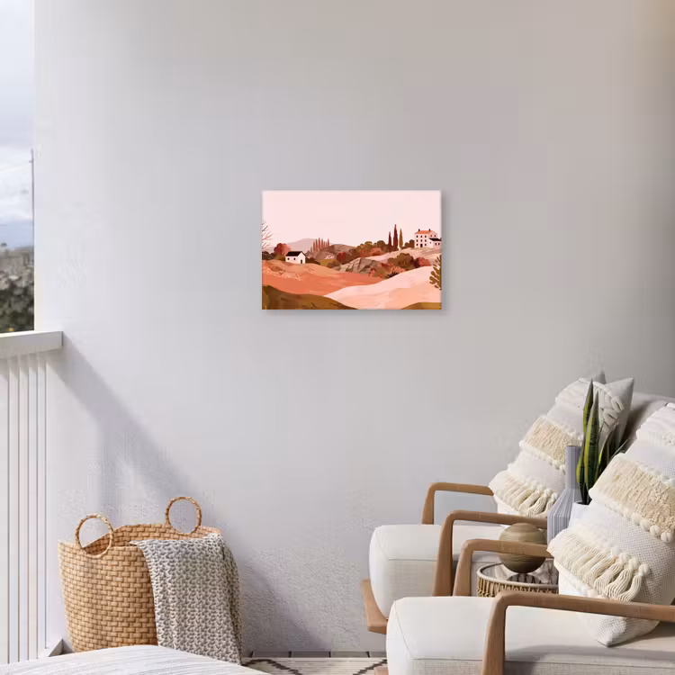 Heuvellandschap - Grafisch - Terracotta Tuinposter op houten frame 2 cm dik klein -sfeer1