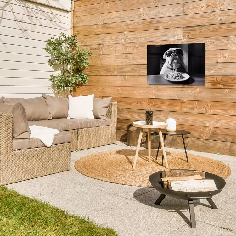 Hond - Bulldog - Pasta - Bril - Stoer - Dieren Tuinposter op houten frame 2 cm dik klein -sfeer2