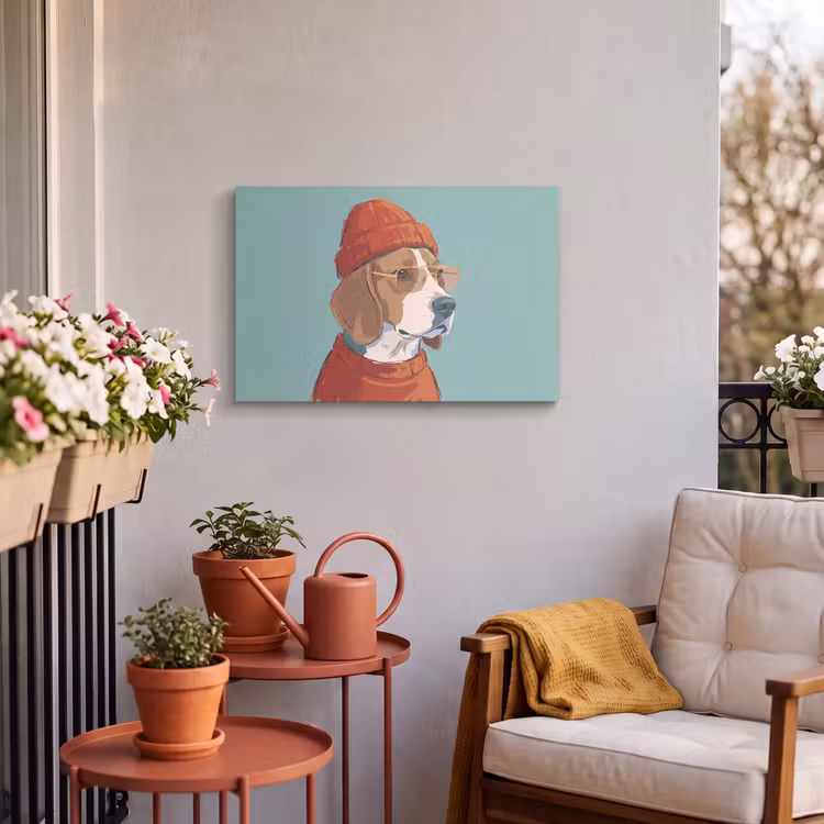Hond - Beanie - Zonnebril - Dieren - Modern Tuinposter op houten frame 2 cm dik klein -sfeer1