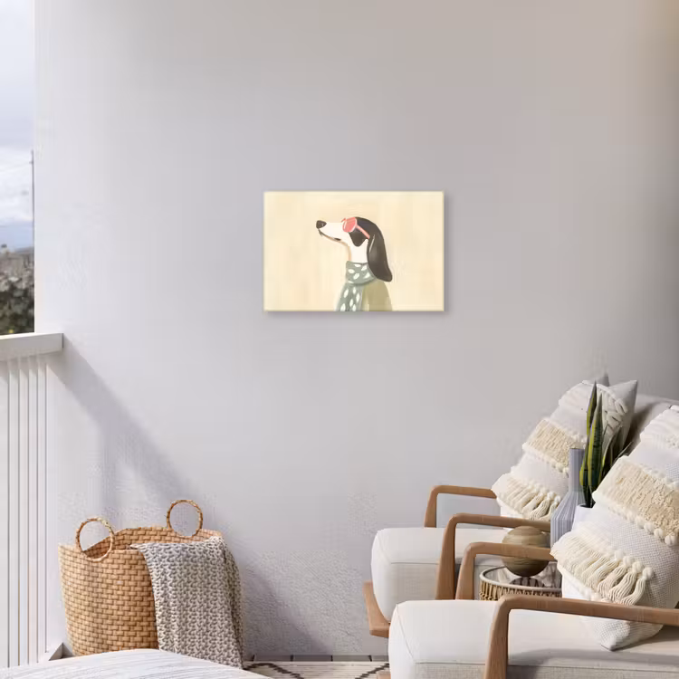 Hond - Zonnebril - Sjaal Tuinposter op houten frame 2 cm dik klein -sfeer1