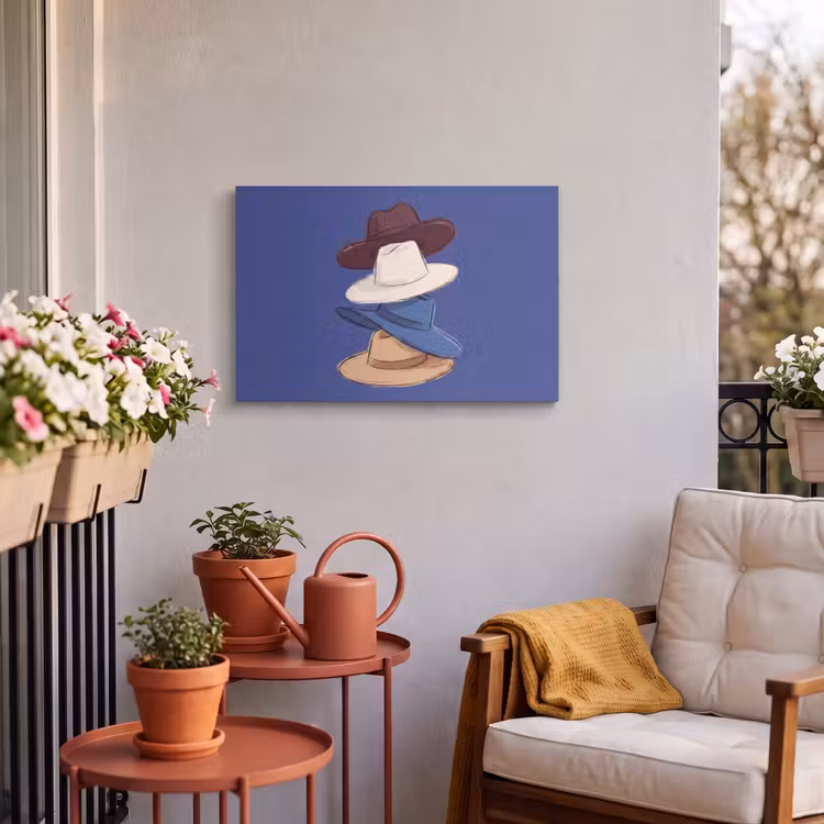 Hoeden - Gestapeld - Mode - Kleurrijk - Illustratie Tuinposter op houten frame 2 cm dik klein -sfeer1