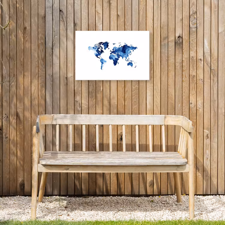 Indigo - Wereldkaart - Aquarel Tuinposter op houten frame 2 cm dik klein -sfeer4