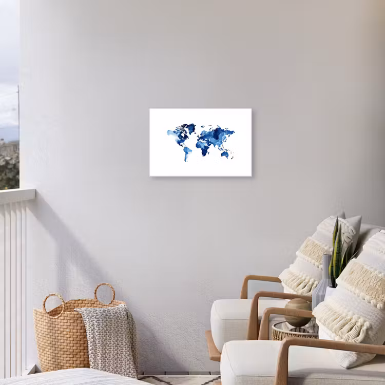 Indigo - Wereldkaart - Aquarel Tuinposter op houten frame 2 cm dik klein -sfeer1
