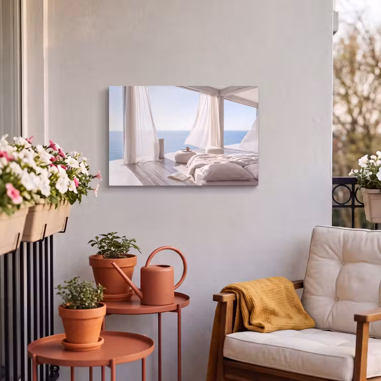 Interieur - Zeezicht - Modern - Rust - Beige Tuinposter op houten frame 2 cm dik klein -sfeer1