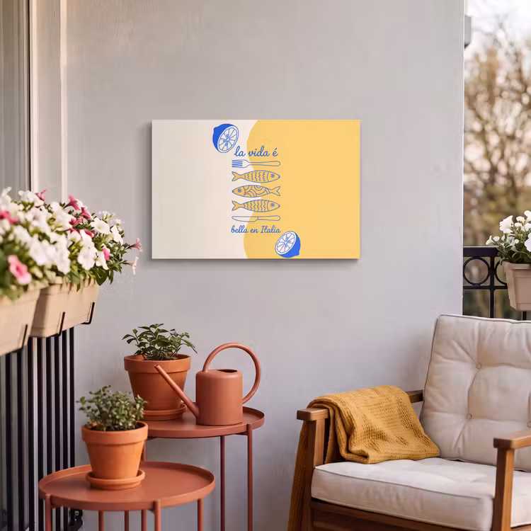Italië - Eten - Citroen - Vis - Grafisch Tuinposter op houten frame 2 cm dik klein -sfeer1