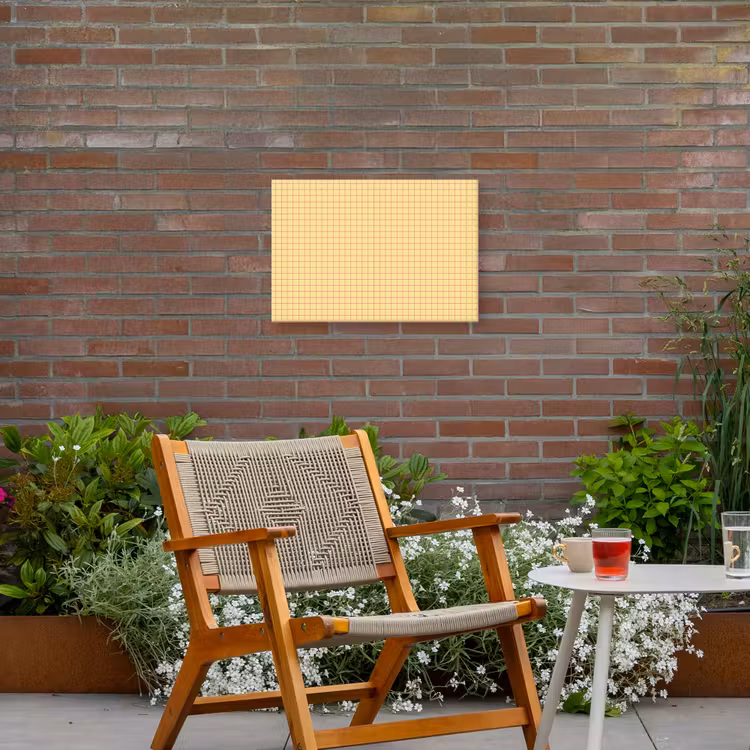 Ruitjes - Grid - Minimalistisch - Geel - Roze Tuinposter op houten frame 2 cm dik klein 845 -sfeer3