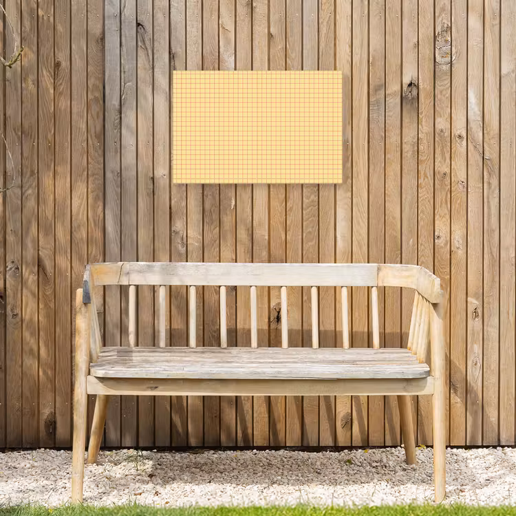 Ruitjes - Grid - Minimalistisch - Geel - Roze Tuinposter op houten frame 2 cm dik klein 845 -sfeer4