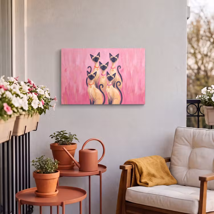 Kat - Groep - Dieren - Modern - Roze Tuinposter op houten frame 2 cm dik klein -sfeer1
