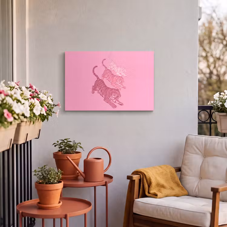Kat - Springend - Dieren - Roze - Modern Tuinposter op houten frame 2 cm dik klein -sfeer1